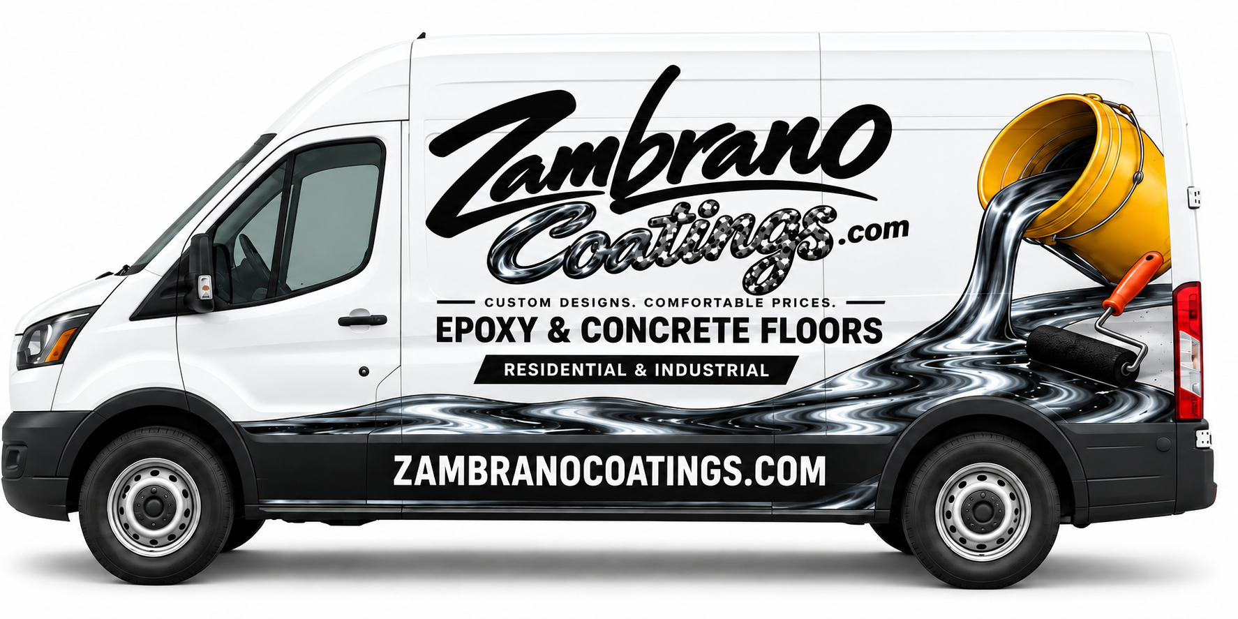 Side view of the Zambrano Coatings van wrap with the yellow bucket, resin ribbon, and roller